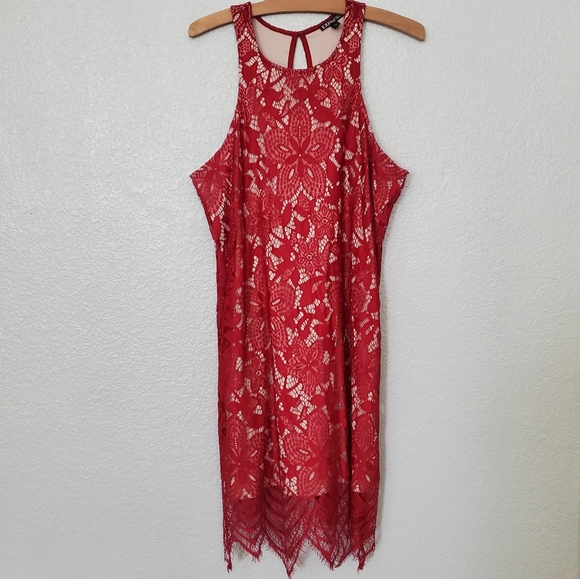 NWOT Express | Red Lace Overlay Sheath Dress - Picture 2 of 6